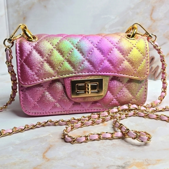 Handbags - Iredesent pink rainbow mini quilted Flap Bag added pink strap and hoops